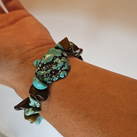 Vintage Turquoise Bracelet Blue brown nugget teardrop Sea Beach Ocean Ankle - Picture 9 of 11